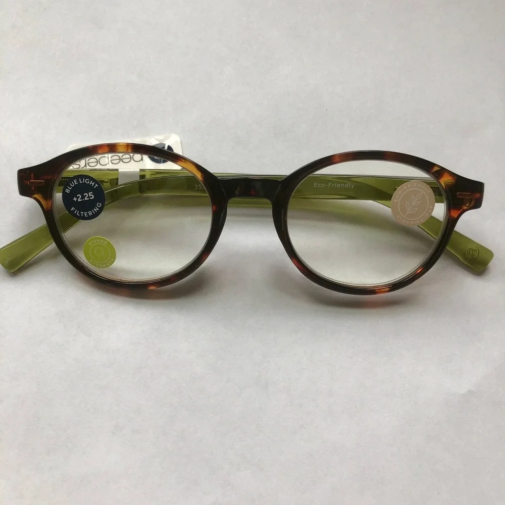 New Peepers Round Tortoise Green Blue Light Reading Glasses +2.25